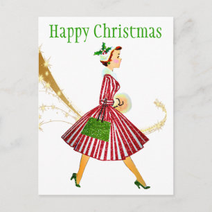 1950 Vintage Kerstmis vrouw met cadeaus Briefkaart