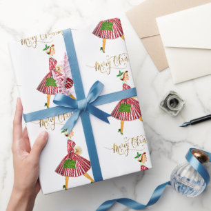 1950 Vintage Kerstmis vrouw Prettig Kerstfeest Cadeaupapier