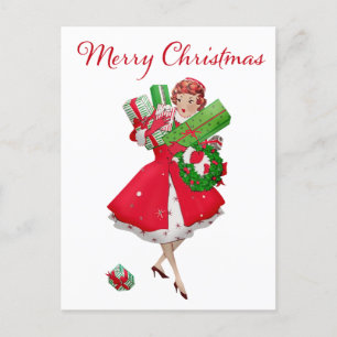 1950 Vintage Kerstvrouw met geschenken Briefkaart