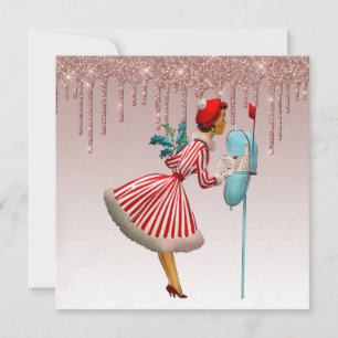 1950 vintage vrouw roze goud druipend goud feestdagenkaart
