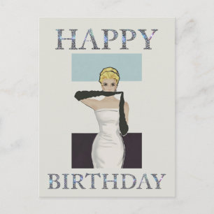 1950  vrouw avond handschoenen Happy birthday Briefkaart