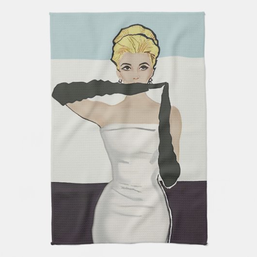 1950 vrouw met avondhandschoenen theedoek (Verticaal)