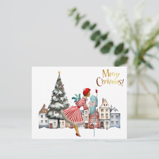1950  vrouw met kerstgroeten briefkaart (Staand voorkant)