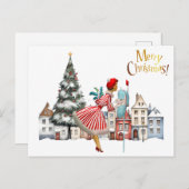 1950  vrouw met kerstgroeten briefkaart (Voorkant / Achterkant)