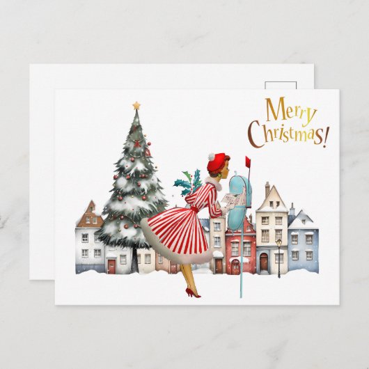 1950  vrouw met kerstgroeten briefkaart (Voorkant / Achterkant)