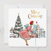 1950  vrouw met kerstgroeten feestdagenkaart (Voorkant)