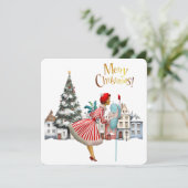 1950 vrouw met kerstgroeten feestdagenkaart (Staand voorkant)