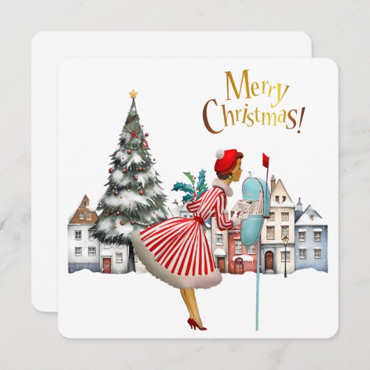 1950  vrouw met kerstgroeten feestdagenkaart (Voorkant / Achterkant)