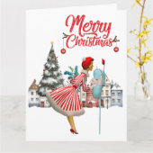 1950 vrouw met kerstgroeten kaart (Gele Bloem)