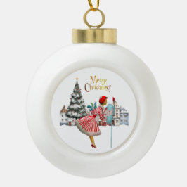 1950  vrouw met kerstgroeten keramische bal ornament