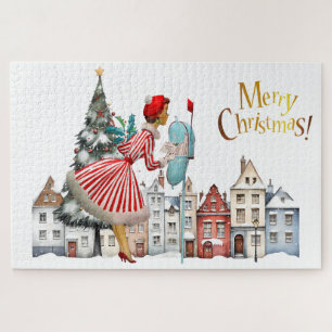1950 vrouw met kerstgroeten legpuzzel