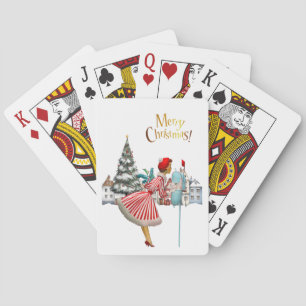 1950 vrouw met kerstgroeten pokerkaarten