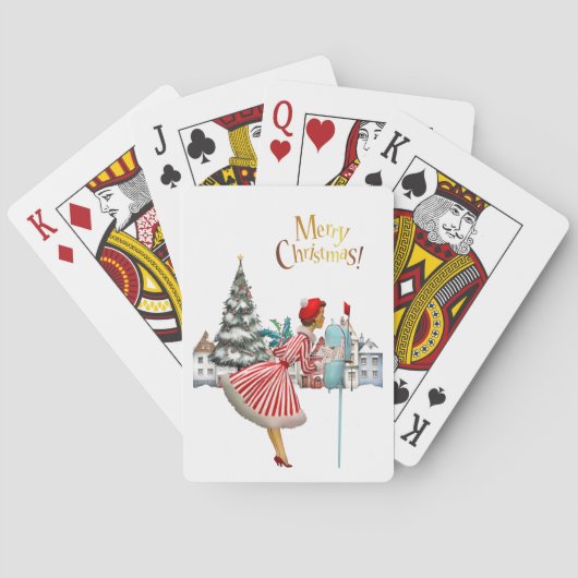 1950 vrouw met kerstgroeten pokerkaarten (Achterkant)