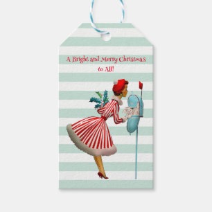 1950  vrouw met Kerstmis Groeten Cadeaulabel