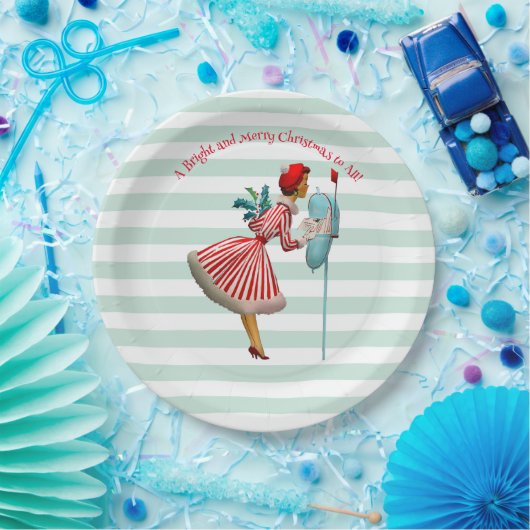 1950  vrouw met Kerstmis Groeten Papieren Bordje (Feest)