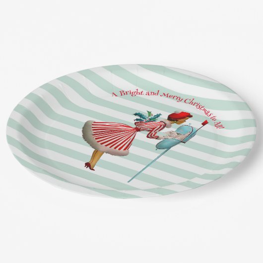 1950 vrouw met Kerstmis Groeten Papieren Bordje (Gekanteld)