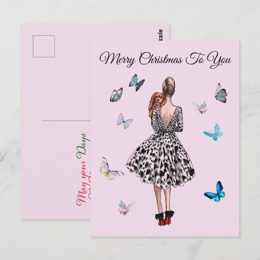 1950 Vrouw met Vlinders Kerstmis Groet Briefkaart (Voorkant / Achterkant)