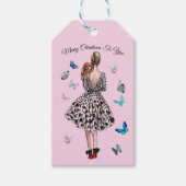 1950 Vrouw met Vlinders Kerstmis Groet Cadeaulabel (Voorkant)