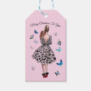 1950 Vrouw met Vlinders Kerstmis Groet Cadeaulabel