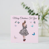 1950 Vrouw met Vlinders Kerstmis Groet Kaart (Staand voorkant)