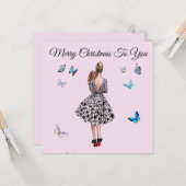 1950 Vrouw met Vlinders Kerstmis Groet Kaart (Voorkant / Achterkant in situ)