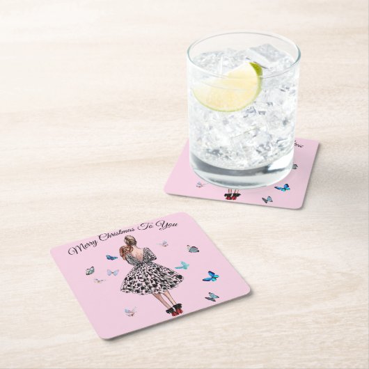 1950 Vrouw met Vlinders Kerstmis Groet Kartonnen Onderzetters (Insitu)