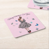 1950 Vrouw met Vlinders Kerstmis Groet Kartonnen Onderzetters (Schuin)