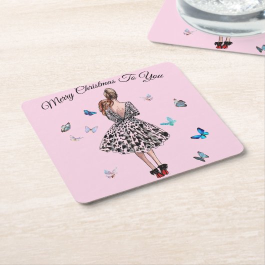 1950 Vrouw met Vlinders Kerstmis Groet Kartonnen Onderzetters (Schuin)