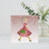 1950  vrouw roos goud druppelen goud feestdagenkaart (Staand voorkant)