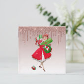 1950  vrouw roos goud druppelen goud feestdagenkaart (Staand voorkant)