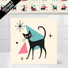 1950s Atomic Retro Wandelende Kat Bewerkbare Kleur Tegeltje