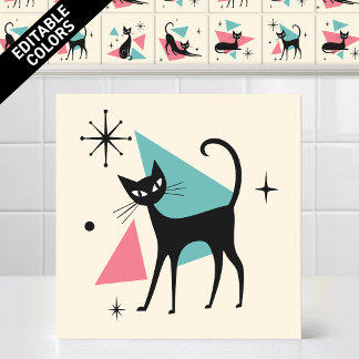 1950s Atomic Retro Wandelende Kat Bewerkbare Kleur Tegeltje