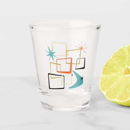 1950s Atomic Squares Sterren Boomerang Mid Century Shot Glas (Voorkant)