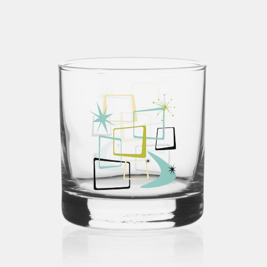 1950s Atomic Squares Sterren Boomerang Midcentury Whisky Glas (Voorkant)