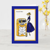 1950's briefkaart met Jukebox & Pony Tail Girl (Gele Bloem)