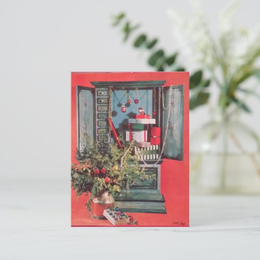 1950's Christmas Kaart, Borst met Cadeaus, Bulbs Feestdagenkaart (Staand voorkant)