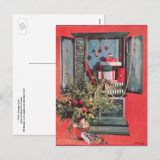 1950's Christmas Kaart, Borst met Cadeaus, Bulbs Feestdagenkaart (Voorkant / Achterkant)