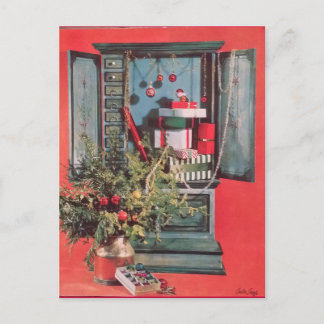 1950's Christmas Kaart, Borst met Cadeaus, Bulbs Feestdagenkaart
