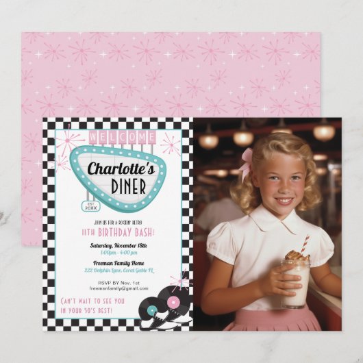 1950s Diner Foto Verjaardag Uitnodiging – Retro So (Voorkant / Achterkant)