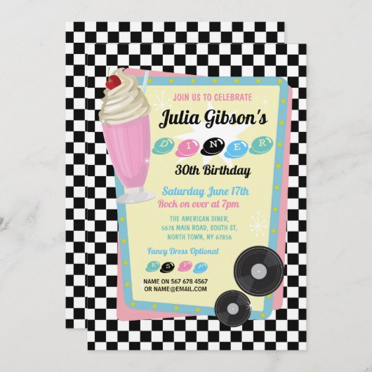 1950s Diner Verjaardag Retro Party Fifties Uitnodi Kaart (Voorkant / Achterkant)