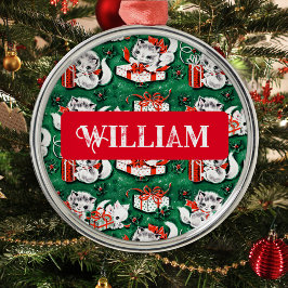 1950's Groene Vintage Kerst Kitten Patroon Naam Metalen Ornament