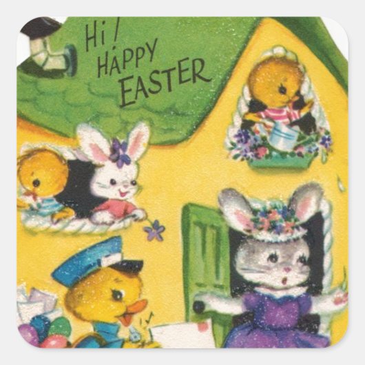 1950s  Happy Easter Animals Vierkante Sticker (Voorkant)