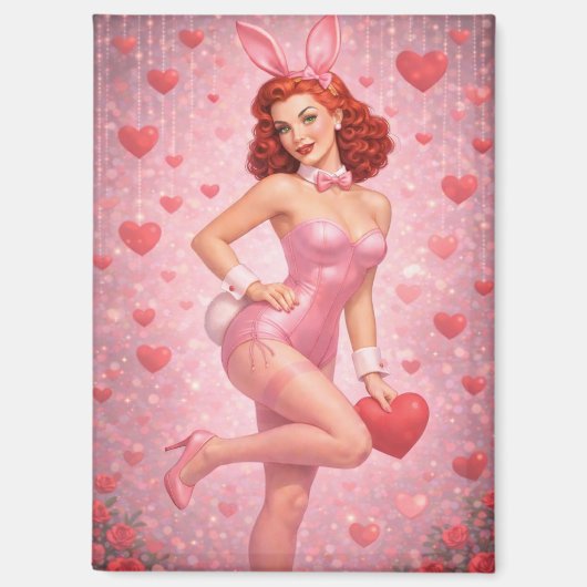 1950s Inspired Pink Bunny Art | Playful Valentine  Magneet (Voorkant)
