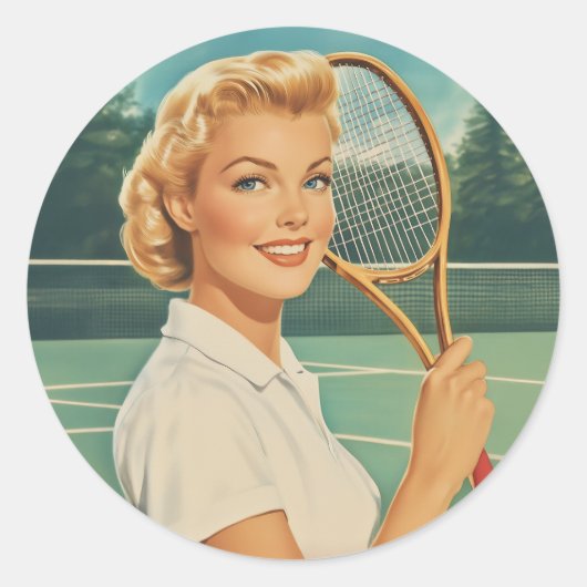 1950s Magazine Illustratie Tennis Vrouw Ronde Sticker (Voorkant)