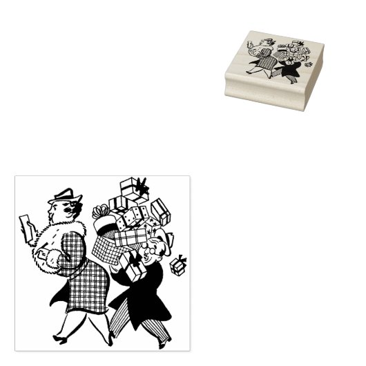 1950s Man en Vrouw Kerst Winkelen Rubberstempel (Gestempeld)