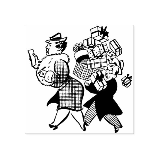 1950s Man en Vrouw Kerst Winkelen Rubberstempel (Afrduk)