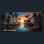 1950s Miami Beach art deco hotel bij zonsopgang Poster<br><div class="desc">Olieverfschilderij van een jaren 1950 art deco stijl badplaats hotel in Miami Beach in harde pastel kleuren en zwart. Uitzicht is over een langgerekte poel van de zon opkomend over de Atlantische Oceaan.</div>