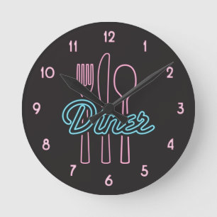 1950s Neon Diner Pink, Blue silverware Ronde Klok
