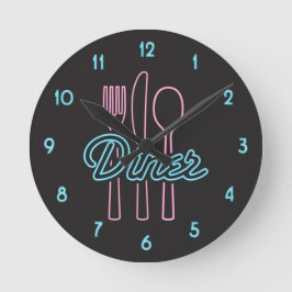 1950s Neon Diner Pink, Blue silverware Round Clock Ronde Klok