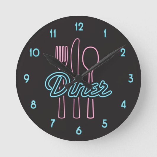 1950s Neon Diner Pink, Blue silverware Round Clock Ronde Klok (Voorkant)